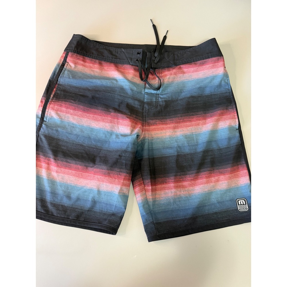 TravisMathew Mens Board Shorts Size 32 Red Blue Black Ombre Stripe Swim Trunks
